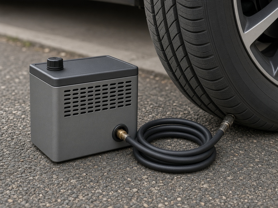 Portable air compressor and hose beside a tire.