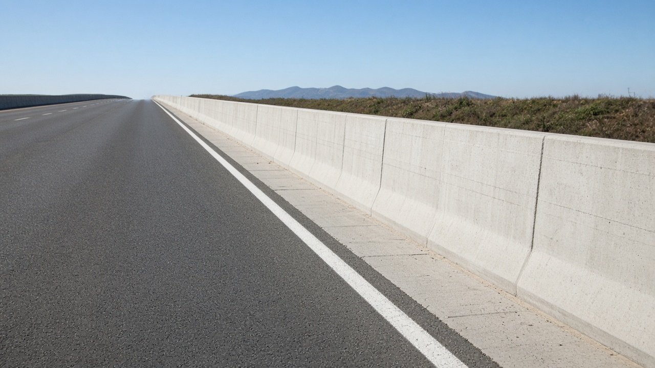 Daylight highway shoulder beside a concrete barrier, no vehicles.
