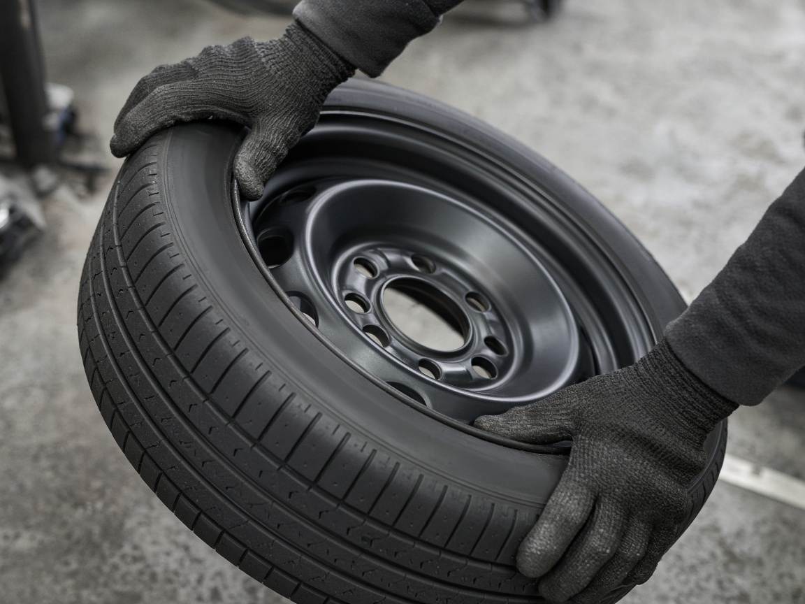Gloved hands holding a black car wheel.