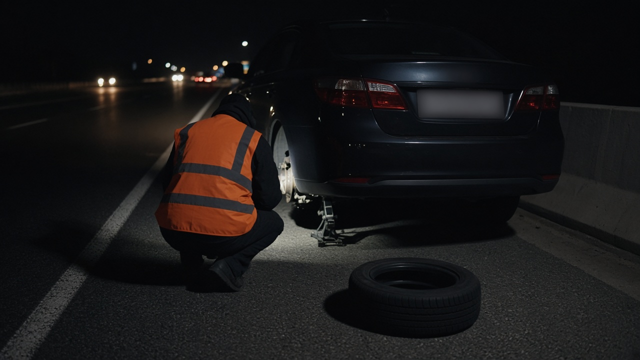 Night tire change on a highway shoulder, technician in an orange vest, license plate blank.