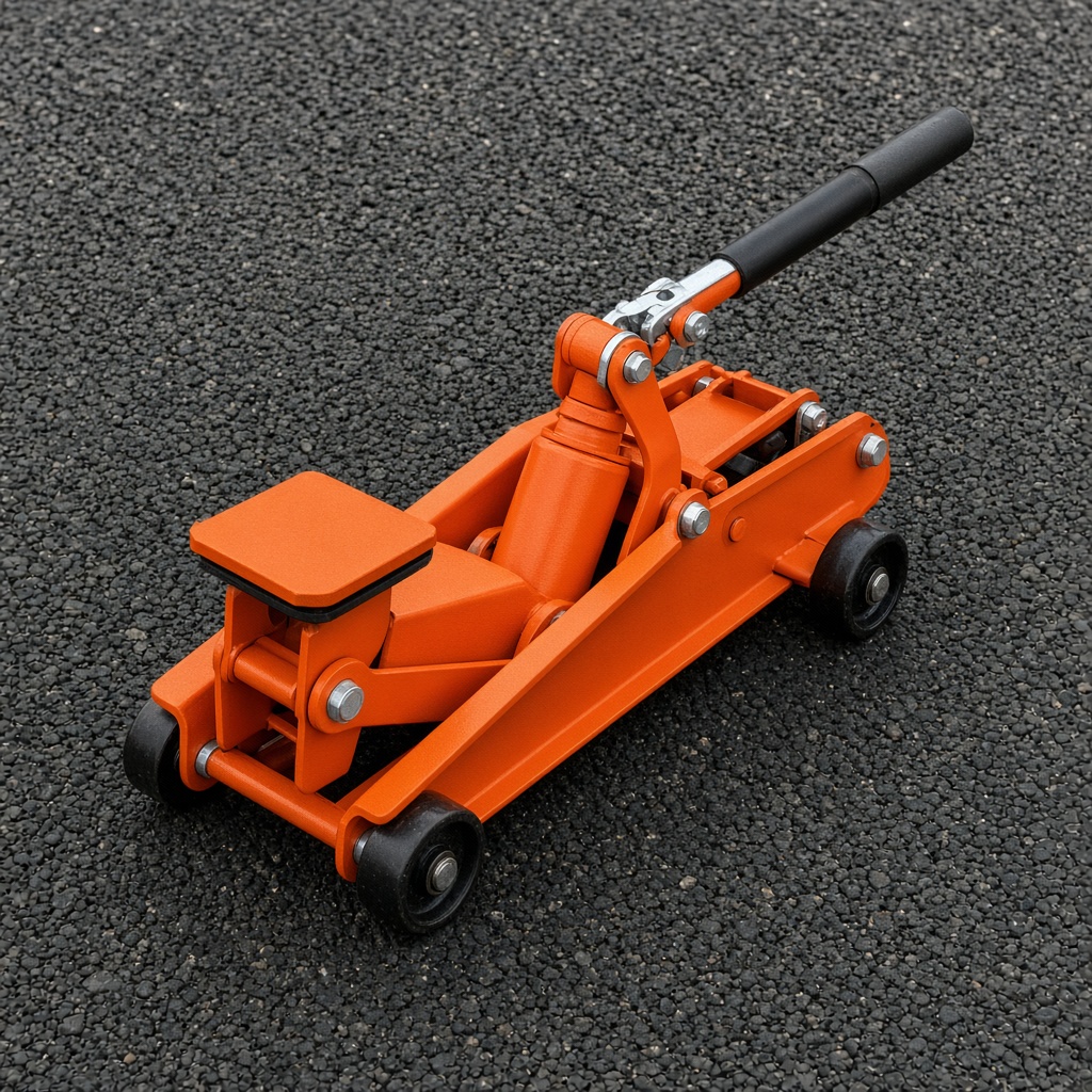 Orange trolley jack on asphalt.