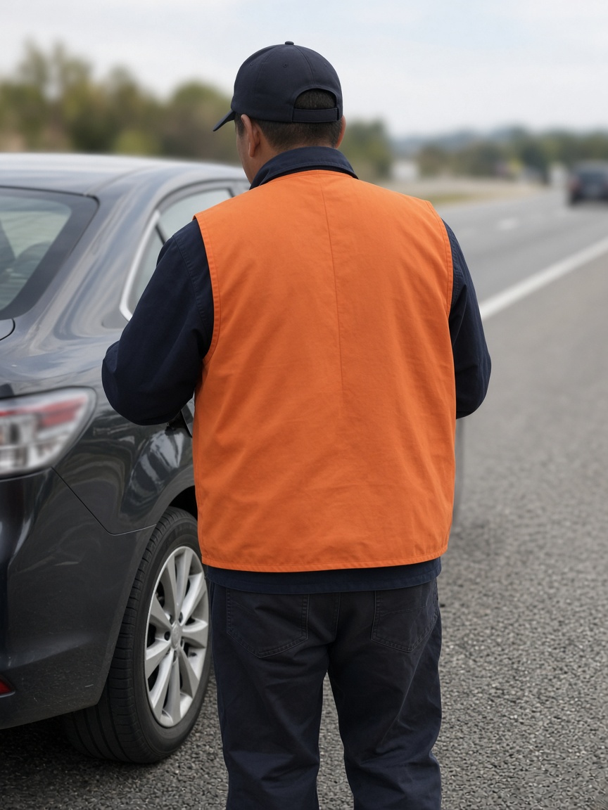 Technician seen from behind in a plain orange vest beside a car on a highway shoulder.