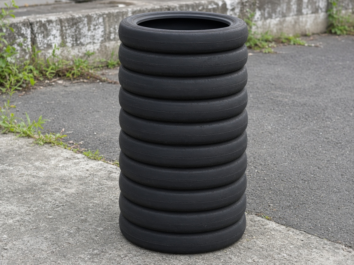 Stack of plain black unbranded tires in a yard.