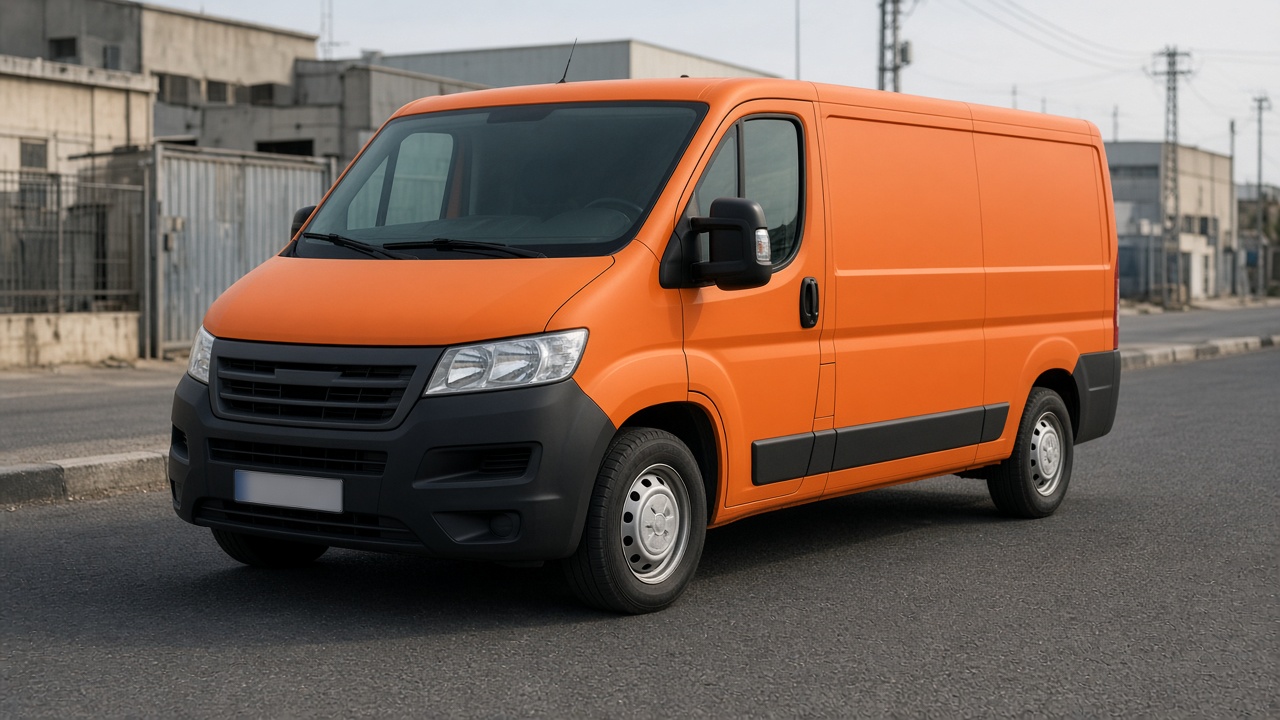 Matte orange panel van parked on an industrial street, license plate blanked out.
